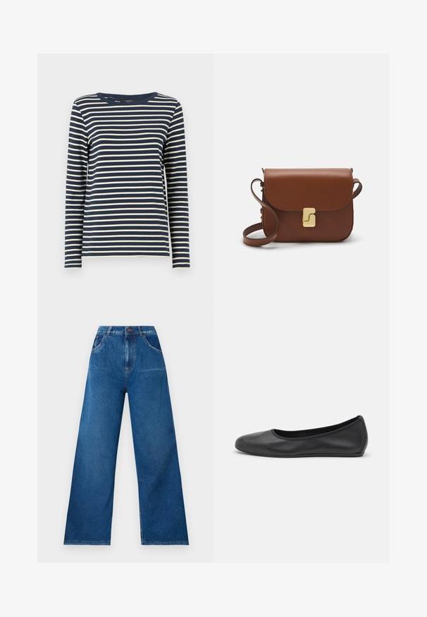 Weekend Max Mara ERASMO - Langarmshirt - blu marino; Weite Jeans in dunkelblauem Denim mit hoher Taille, ausgestattet mit Front- und Gesäßtaschen sowie Kontrastnähten.; Schwarze Leder-Ballettschuhe mit abgerundeter Spitze, glatter Textur, minimalen Nähdetails und einem flexiblen Sohlen-Design.; Braune Ledertasche mit Klappenverschluss, Beschlägen in Goldfarbe, einem Schultergurt und einer glatten Oberfläche. Kompakte rechteckige Form.