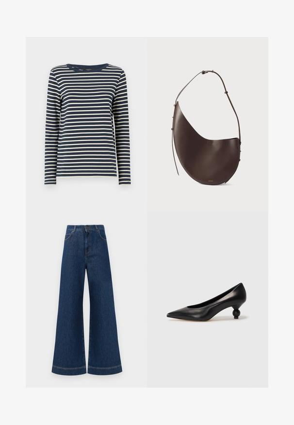 WEEKEND MaxMara ERASMO - Langarmshirt - blu marino; Weite blaue Jeans aus Denim mit hoher Taille, ausgestattet mit einem Knopfverschluss, Gürtelschlaufen und dezenten Stichdetails an den Taschen und Säumen.; Schwarze Leder-Pumps mit spitzem Zehenbereich und runder, ballförmiger Ferse. Glatte Textur mit einem eleganten, minimalistischen Design.; Braune Lederhandtasche mit geschwungener Form, einem Schulterriemen und minimalistischem Design. Verfügt über ein dezentes Logo und goldene Hardware-Akzente.