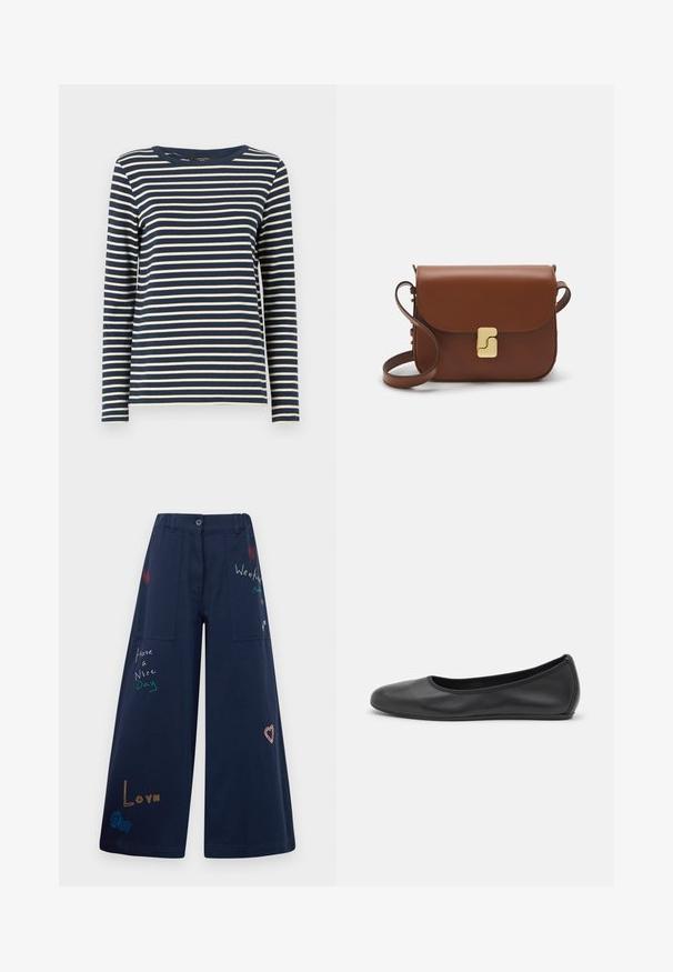 WEEKEND MaxMara ERASMO - Langærmet T-shirt - blu marino; Marineblå vidde bukser i bomuld med flere lommer. Har farverig broderet tekst og grafik inklusive hjerter og legende sætninger.; Sort læderballetsko med rund tå, glat tekstur, minimal syning og et fleksibelt såldesign.; Brun læder håndtaske med flaplukning, hardware i gyldent tone, en skulderrem og en glat overflade. Kompakt rektangulær form.