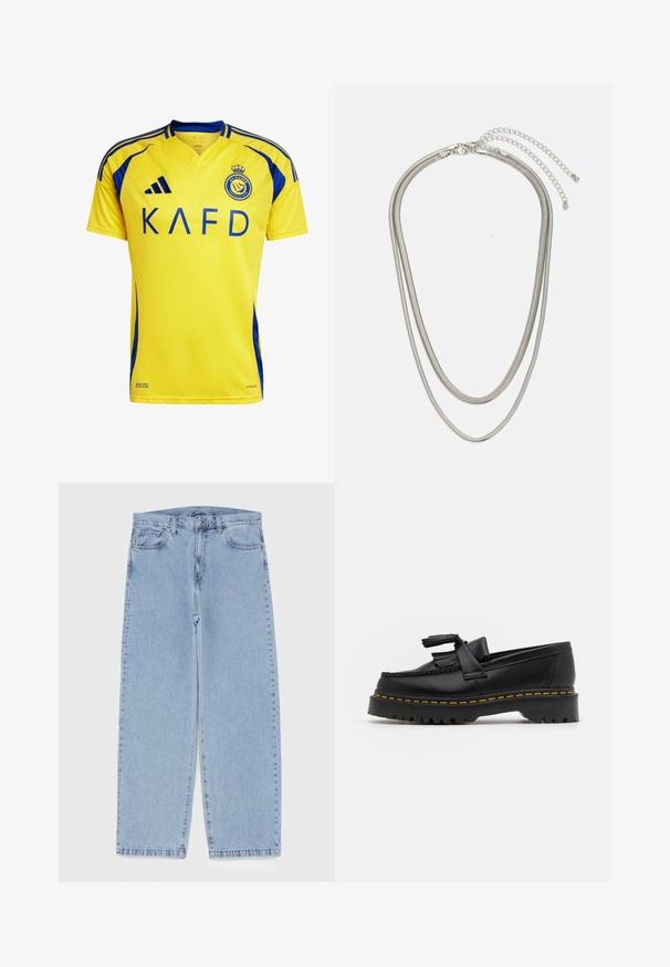 Gul fotbollströja med blå detaljer, med v-ringning, korta ärmar och "KAFD" tryckt i fet blå text.; Ljusblå denimjeans med rak bendesign, midjehög midja, fem fickor samt knapp- och dragkedjestängning.; Svart läderloafer med en tofsdetalj, med en kraftig svart sula och gul söm längs kanten. Strukturerad yta.; Tre-lager silvermetallhalsband med eleganta, flexibla kedjor med en svag glans, säkrad med ett kräftklämma och justerbar kedja.