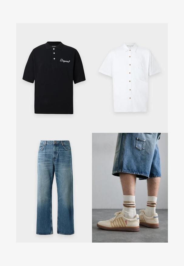 Juodas medvilninis polo marškinėlis su tradicine apykakle, trijų sagų užsegimu ir baltu siuvinėtu logotipu ant krūtinės.; Balta lininė marškiniai trumpomis rankovėmis, turintys mygtukų užtraukimą, krūtinės kišenę ir medinius akcentinius mygtukus.; Šviesiai mėlyni plačiai šlifuoti džinsai su išblukusiu plovimu, turintys vieno mygtuko užsegimą, penkias kišenes ir kontrastingus siūlus.; Bežiniai retro sportbačiai su rudu guminio pado, turi dryžuotų akcentų ir siuvinėtų logotipų. Dėvimi su baltais kojiniais, su dryžuotu ruduo akcentu.