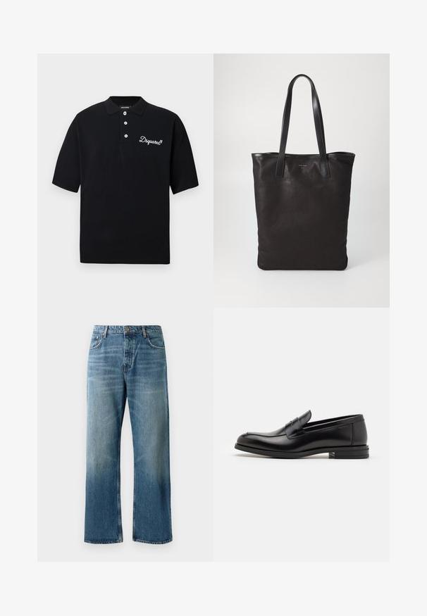 Polo nera in cotone, con colletto tradizionale, patta con tre bottoni e logo ricamato bianco sul petto.; Jeans a palazzo azzurri chiari con lavaggio sbiadito, dotati di chiusura con un bottone, cinque tasche e cuciture in contrasto.; Mocassini neri in pelle con una texture liscia, punta arrotondata e una striscia decorativa sulla tomaia. Tacco basso impilato, design minimalista.; Borsa tote in tela nera con manici in pelle nera. Design semplice, corpo spazioso e texture liscia. Nessun logo o motivo visibile.