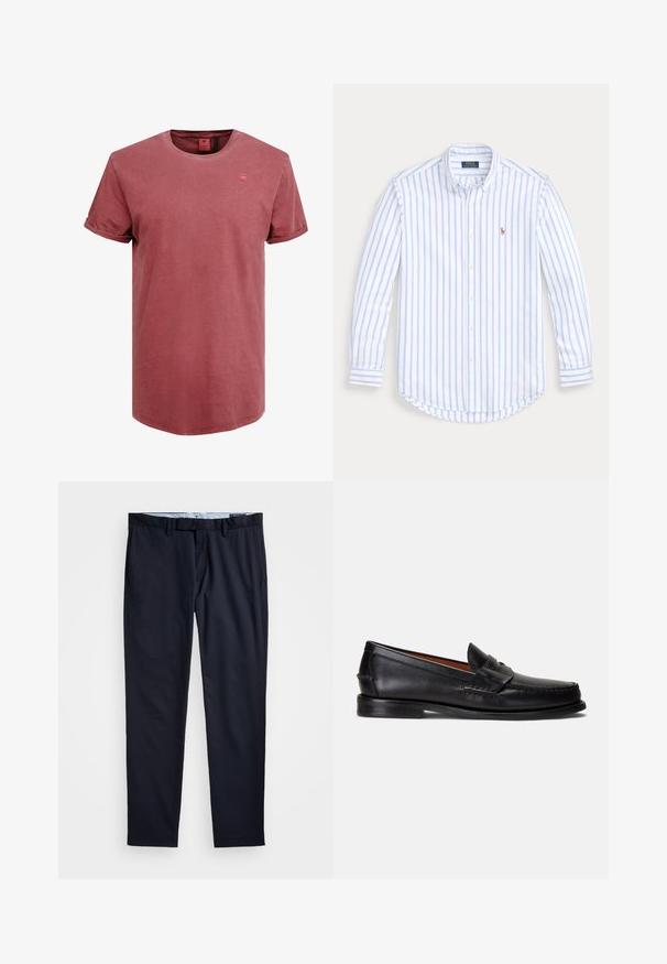 Short-sleeve, round-neck t-shirt in faded red cotton. Features a small, tonal logo on the chest and rolled sleeve cuffs. Smooth texture.; Light blue and white striped long-sleeve button-up shirt, made of cotton, featuring a curved hem and a small embroidered logo on the chest.; Navy blue trousers made of smooth fabric, featuring a straight-leg design, belt loops, and a zip fly with button closure.; Black leather loafers with a smooth finish, rounded toe, and a decorative band across the upper. Features a low black sole.