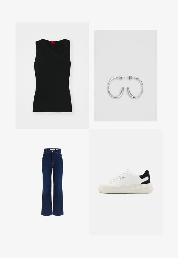 HUGO SHARPIN - Top - black; Donkerblauwe broek met wijde pijpen en een hoge taille, voorzien van knoopaccenten aan de zijkanten en een gladde denimtextuur.; Witte leren sneakers met een dikke witte zool, zwarte suède hielaccent en een geperst logo op de zijkant. Vetersluiting met zes oogjes.; Zilveren oorringen met een gladde, glanzende afwerking. Ronde vorm, lichtgewicht ontwerp, voorzien van een post-back sluiting.