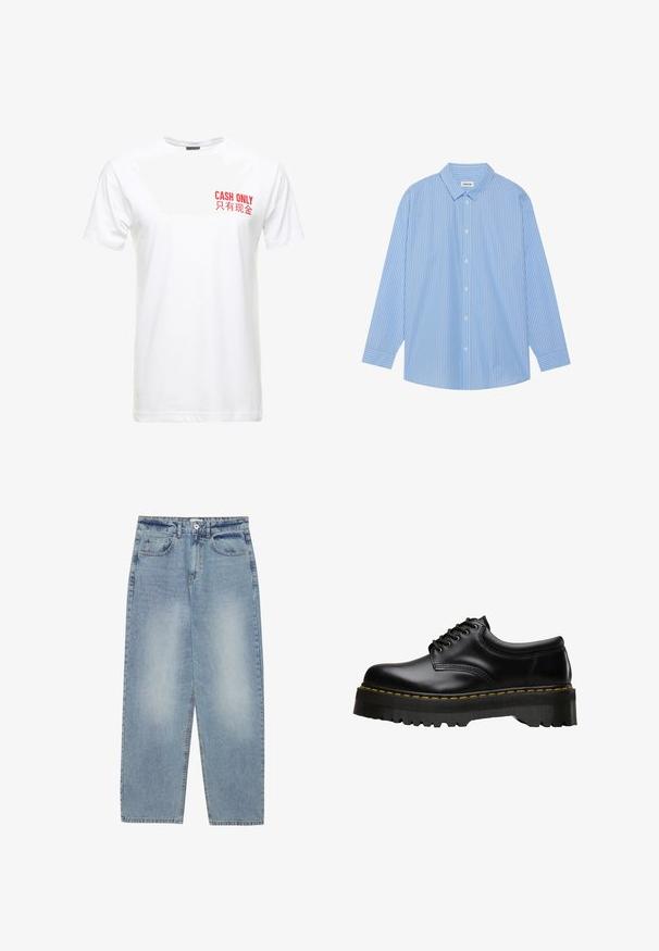 Valkoinen puuvillainen t-paita lyhyillä hihoilla, jossa on punainen painatus vasemmassa rinnassa lukien "CASH ONLY" ja sen kiinalainen vastine.; Siniset ja valkoiset raidalliset pitkähihaiset paidat, joissa on klassinen kaulus, nappikirjaus edessä ja pyöristetty helma. Valmistettu kevyestä kankaasta.; Vaaleansiniset farkut, joissa on väljä malli, suora lahjetyyli, viisi taskua ja napitus vyötäröllä. Sujuva pinta.; Musta nahkainen nauhalenkkiavainkengät, joissa on paksu, sahalaitainen musta kumipohja ja keltaiset tikkaukset reunassa, näyttäen sileältä.