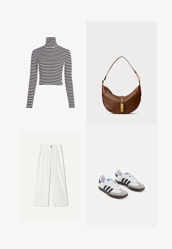 Topp med svart-hvite striper og høy hals, lange ermer og cropped design, laget av ribbet materiale. Har en liten merke-logo ved sømmen.; Valkoiset leveälahkeiset housut, jotka on valmistettu sileästä kankaasta. Edessä nappikiinnitys ja pleatatut yksityiskohdat. Suora etuosa, ei näkyviä taskuja.; Urheilukengät, joissa on valkoinen nahkainen päällinen, harmaa mokkanokka ja kolme mustaa raitaa. Ominaisuuksina sininen logo kielekkeessä ja kuvioitu kumipohja.; Ruskea nahkainen olkalaukku, jossa on kaareva muoto, kultaiset yksityiskohdat, yläklipsi ja logotaitto. Sujuva tekstuuri, jossa on ommellut reunat.