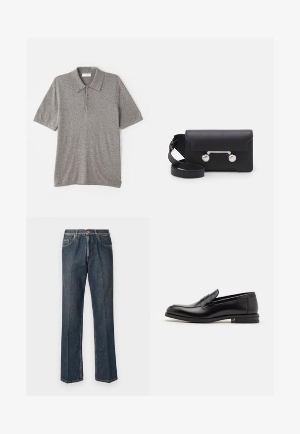 Šedé polo triko vyrobené z texturované pleteniny. Má límeček a tři knoflíky. Krátké rukávy.; Tmavě modré džíny rovného střihu s předním poutkem, zipem, dvojitými předními kapsami a viditelnými vertikálními záhyby na nohavicích.; Černé kožené polobotky s hladkou texturou, zaoblenou špičkou a zdobným páskem přes nárt. Nízký stohovaný podpatek, minimalistický design.; Černá kožená crossbody taška s klopovým zavíráním, stříbrným kováním a dvěma kulatými detaily. Obsahuje odnímatelný popruh. Hladká textura.