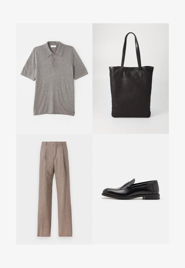 Šedá polo košeľa vyrobená z textúrovaného pleteného materiálu. Má golier a trojité zapínanie na gombíky. Krátke rukávy.; Hnedé, vysoké nohavice vyrobené z texturovanej látky. Majú široké nohavice a dva predné záhyby pre štruktúru. Úhľadné spracovanie bez viditeľného kovania.; Čierne kožené mokasíny s hladkou textúrou, zaoblenou špičkou a dekoračným pásikom cez priehlavok. Nízky vrstvený opätok, minimalistický dizajn.; Čierna plátená taška s čiernymi koženými ušami. Jednoduchý dizajn, priestranné telo a hladká textúra. Žiadne viditeľné logo ani vzory.