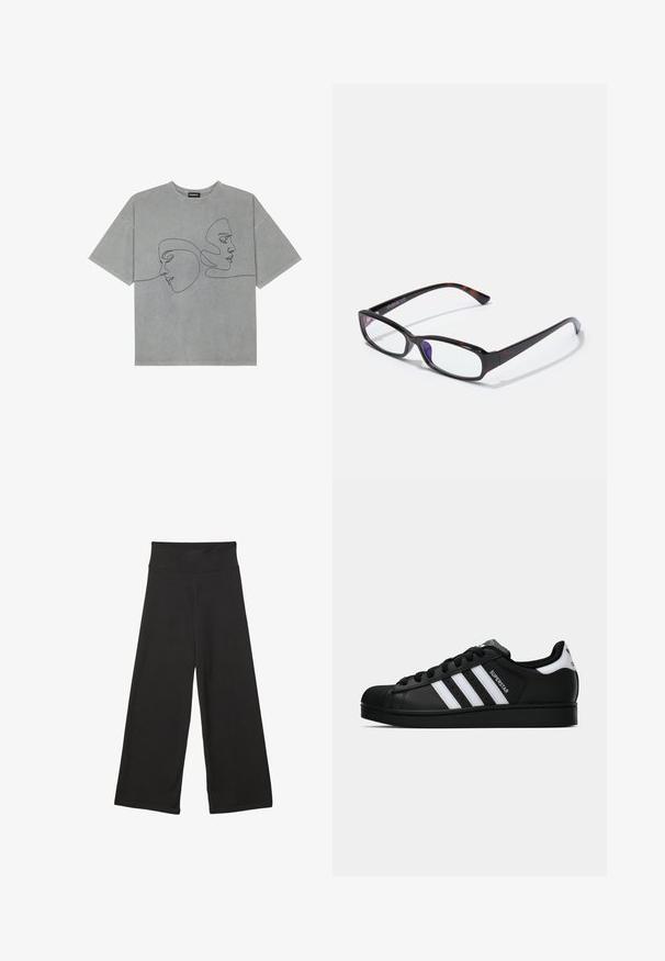 T-shirt grigio in cotone a maniche corte, con una grafica minimalista in linea nera che rappresenta due volti sul davanti, scollatura rotonda e vestibilità comoda.; Pantaloni neri a gamba larga con vita elastica alta, in tessuto morbido e vestibilità ampia, adatti per l'abbigliamento casual o ambienti rilassati.; Sneaker nera Adidas Superstar con strisce bianche, punta a conchiglia e testo "Superstar" su un lato, mostrata in profilo laterale su sfondo bianco.; Occhiali rettangolari con motivo tartaruga, montatura in plastica nera e lenti trasparenti. Caratterizzati da stanghette sottili e una leggera curvatura alle estremità.; Borsa hobo in morbido suede beige con una forma scomposta, ampia tracolla e un dettaglio di cucitura a mano lungo la parte anteriore.