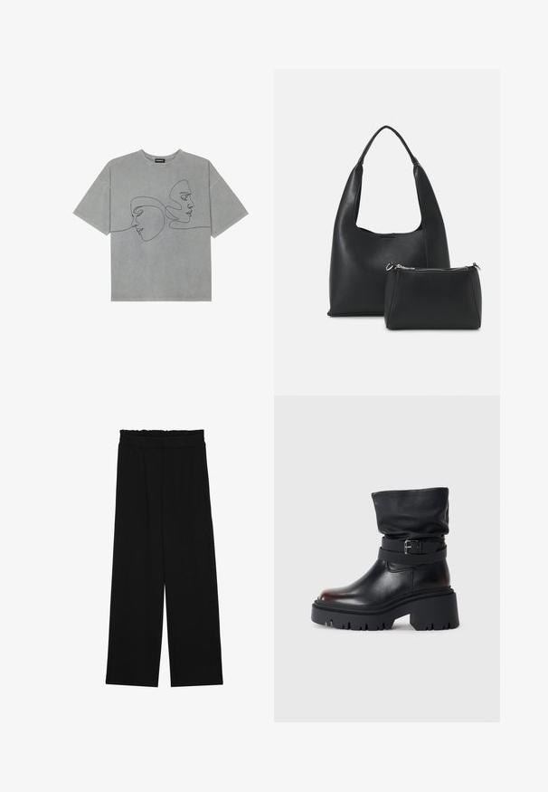 Pilkas medvilninis marškinėliai trumpomis rankovėmis, su minimalistiška juoda linijine menine interpretacija dviejų veidų priekyje, apvaliu iškirpimu ir laisvu siluetu.; Juodi platūs kelnes su volaniniu juosmeniu, turinčiu dvi šonines kišenes ir glotnią, lengvą medžiagą. Nėra matomų raštų ar detalių.; Juodas odinis kulkšninis botas su laisva viršūne, sagtimi ir storu, tvirtu padu. Yra apvalus pirštas ir lygus paviršius.; Even&Odd Rankinė - black