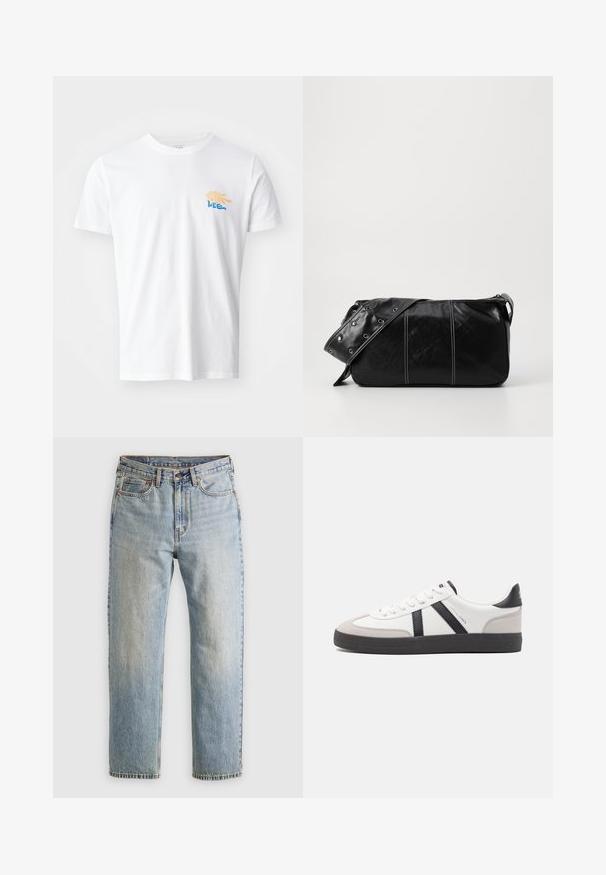 White cotton t-shirt with a rounded neckline and short sleeves. Features a colorful graphic with yellow and blue elements on the chest.; Light blue denim jeans with high waist, front button, zipper, and five-pocket design, laid flat on a neutral background.; White sneaker with black and gray accents, featuring a textured gray toe cap, black rubber sole, and flat white laces. Clean design, minimalist style.; Black leather shoulder bag with a zip closure, featuring a textured body, white stitching, and a strap with silver grommets.