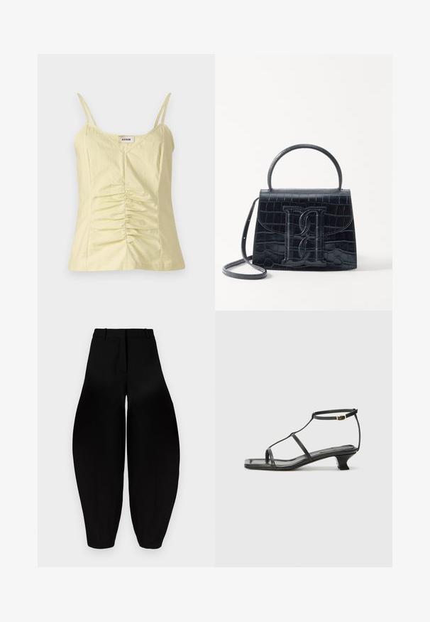 Šviesiai geltona be rankovių palaidinė su reguliuojamais dirželiais ir susikaupimo detalėmis priekyje. Pagaminta iš tekstūruoto audinio, su V formos iškirpte.; Juodos platesnės kelnes su aukštu liemeniu, raukšlėtu priekiu ir siaurėjančiais kulkšniais. Pagamintos iš lygios medžiagos su matinėmis savybėmis.; Juodas odinis sandalai su kvadratiniu pirštu, plonomis dirželiais, reguliuojamu kulkšnies dirželiu ir žemu kulnu. Yra nedidelis aukso akcentas ant dirželio.; Juodas krokodilo rašto odinis rankinės krepšys su struktūruotu dizainu, viršutine rankena, reguliuojamu dirželiu ir išsiskiriančiu priekinio logo detale.