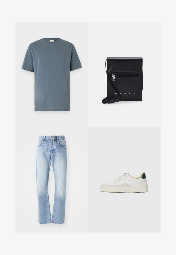 Short-sleeve T-shirt in soft, medium blue cotton. Features a classic crew neck, straight cut, and minimal stitching details.; Light blue denim jeans with a straight-leg cut. Features a five-pocket design, button fly, and faded texture towards the bottom.; White sneaker with suede accents, rounded toe, flat laces, and a cream rubber sole. Features green branding on the heel.; Black leather crossbody bag with a zippered front pocket, embossed logo, and adjustable strap. Smooth texture with a structured shape.