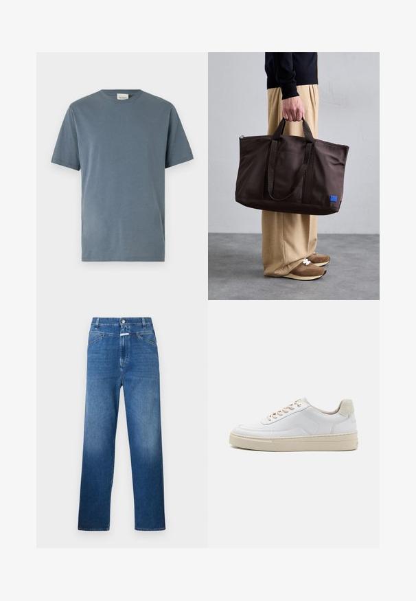 Īsām piedurknēm T-krekls no maiga, vidēji zila kokvilnas. Piemīt klasiskas apaļas izgriezuma formas, taisns griezums un minimālas šuvju detaļas.; Zilā džinsu bikses ar taisnu kāju kroku, ar pogu aizdari, jostas cilpām un vieglu izbalēšanu uz augšstilbiem.; Baltie sporta apavi ar gludu ādas augšdaļu, bežām auklām un teksturētu bežā zamša papēdi. Paaugstināta zole papildu augstumam.; Brūns neilona iepirkumu soma ar divām rokturiem, ar rāvējslēdzēju aizvēršanu un zilu logotipa uzlīmi. Gluda tekstūra, strukturēts dizains, plašs iekšējais nodalījums.