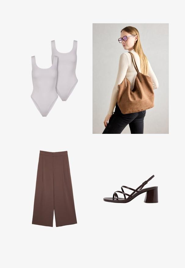 Dva bela bodysuita z okroglim izrezom in širokimi naramnicami, ki imata gladko teksturo in visok izrez na nogah.; Rjave široke hlače z gladko teksturo, ki imajo visok pas in sprednje naborke. Tkanina je lahka in prosto pada.; Rjave sandale na visoki peti s debelim petom, z gladko, sijajno površino in večkratnimi križnimi trakovi na zgornjem delu.; Rjava semišna torba z mehko teksturo, velikim odprtjem in dolgimi ročaji. Ima preprost dizajn z vidnim šivanjem in brez okovja.