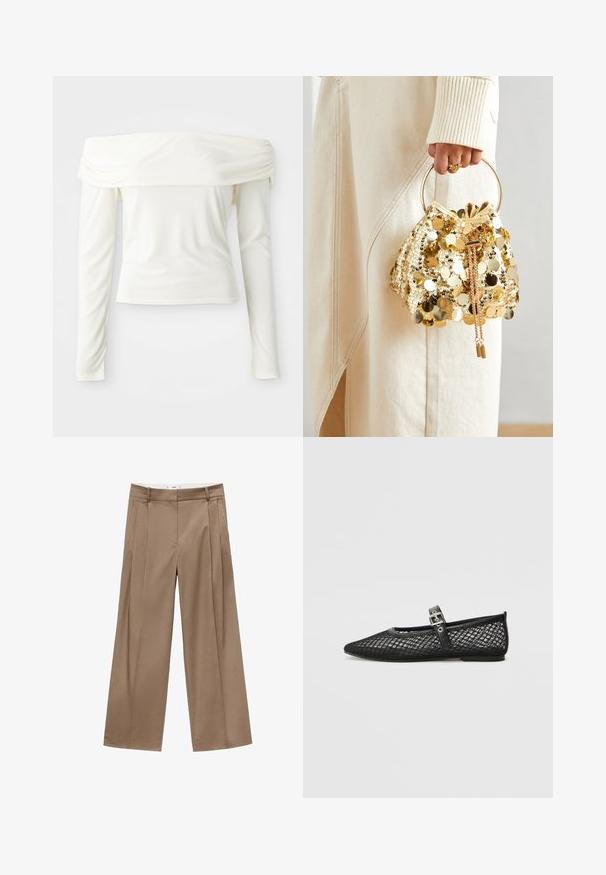 Pitkähihaine off-the-shoulder paita kreemivalkoisena, valmistettu sileästä kankaasta, jossa on istuva siluetti ja poimuttaminen kaula-aukossa.; Vaatteet, joissa on leveät lahkeet ja korkea vyötärö lämpimässä ruskeassa sävyssä, varustettu etupuolen laskoksilla ja siistillä viimeistelyllä, jotka on suunniteltu tyylikkääksi ja mukavaksi istuvuudeksi.; Musta verkkokangas litteä kenkiä, jossa on teräväkärkinen malli, koristeellinen nauha ja solkilukko. K textured yläosa ja sileä musta pohja.; Kultaista paljettikangasta oleva nyöriolkalaukku, jossa on pyöreä kahva, kiiltävät pyöreät paljetit ja teksturoitu kangas. Mittoja ei ole ilmoitettu.