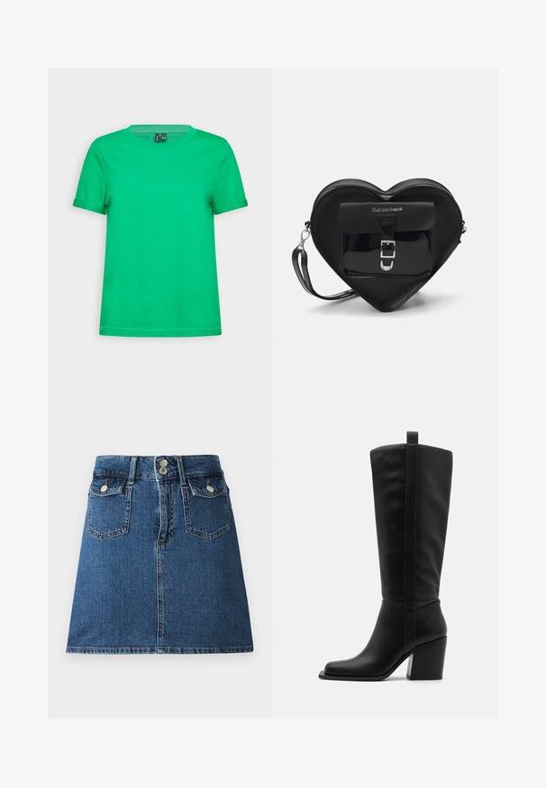 Zelené bavlněné tričko s kulatým výstřihem a krátkými rukávy. Hladká textura, jednobarevné a rovný spodní lem. Žádné vzory ani kovové prvky.; Denimová sukně v tmavě modré barvě, s úzkým pasem, dvěma předními kapsami, dvěma zadními kapsami a stříbrně tónovanými knoflíky.; Černé kožené vysoké boty po kolena se čtveratou špičkou, zúženým podpatkem a vertikálním švem podél vnějšího kůlu. Hladký povrch.; Černá taška ve tvaru srdce vyrobená z lakované kůže, s přední kapsou a uzávěrem na přezku, a s odnímatelným popruhem. Stříbrné kovové detaily.