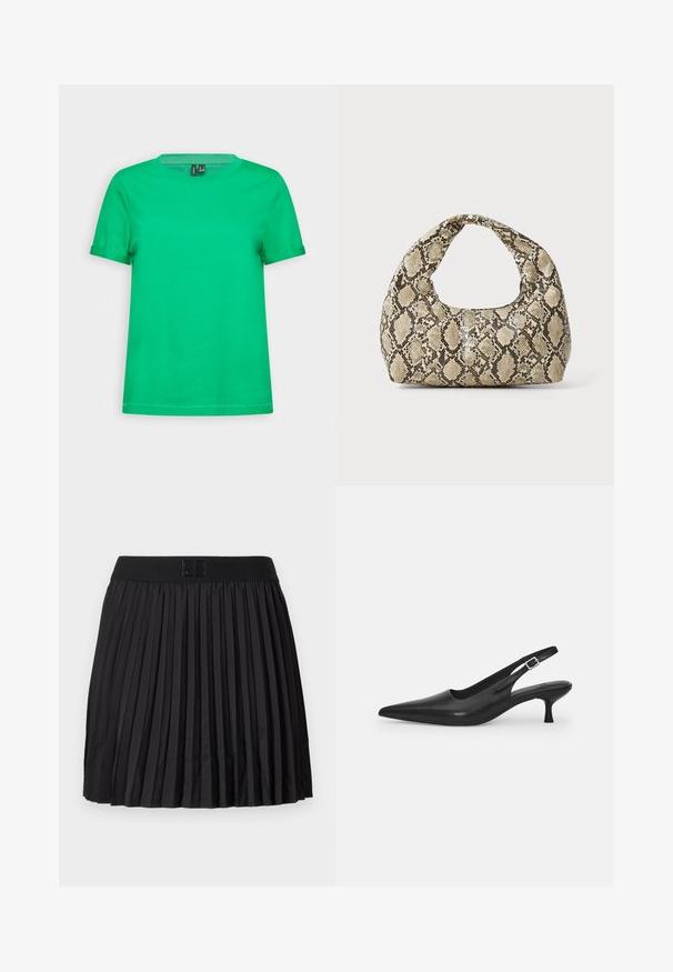 Grønn bomull T-skjorte med rund hals og korte ermer. Jevn tekstur, ensfarget, og en rett hem. Ingen mønstre eller tilbehør.; Svart plisse skjørt med en jevn tekstur, med en solid svart midje og en preget logo detalj foran.; Svart lær slingback sko med spiss tå og smal, buet hæl. Har en diskret justerbar rem med en metallspenne.; Veske med slangeskinnmønster og krummet håndtak. Laget av teksturerte, beige og brune materialer, med et særegent diamantmønster.