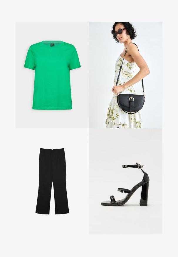 Vihreä puuvillapaita, jossa on pyöreä pääntie ja lyhyet hihat. Sileä pinta, tasainen väri ja suora helma. Ei kuvioita tai lisäosia.; Mustat housut suoralinjaisella leikkauksella, joissa on etutaskut ja sivurei'ät helman alla. Valmistettu pehmeästä ja sileästä kankaasta. Sopii eri tilaisuuksiin.; Musta kiiltävä korkokenkä sandaalit neliönmuotoisella varpaalla, nilkkaremmillä ja hopeisilla soljilla. Varustettu tukevalla lohkokorkealla vakauden takaamiseksi.; Musta nahkainen käsilaukku, joka on kaareva muotoilultaan, irrotettavalla hihnalla ja kultaisilla yksityiskohdilla. Laukussa on läppä, jossa on solk yksityiskohta.