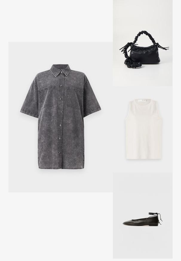 White sleeveless top made of soft, smooth fabric. Features a round neckline and simple design with no embellishments or patterns.; Gray denim oversized shirt with short sleeves, front button closure, two chest pockets, and a faded texture. Classic collar design.; Black leather ballet flats with a pointed toe, ankle tie, and flat sole, featuring a smooth texture and minimalistic design.; Black faux leather handbag with a crocodile texture, cinched top, and a scrunched strap. Appears soft and compact in design.