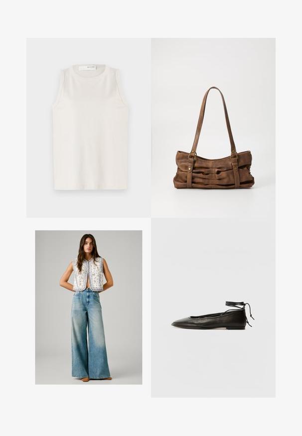 Witte mouwloze top van zachte, gladde stof. Heeft een ronde halslijn en een eenvoudig ontwerp zonder versieringen of patronen.; Vrouw in een mouwloze witte bloemenpatroon tanktop, gecombineerd met hoge taille wijde lichtblauwe jeans en bruine schoenen, staande met de handen achter de rug.; Zwarte leren balletschoenen met een spitse neus, enkelbandje en platte zool, voorzien van een gladde textuur en minimalistisch ontwerp.; Even&Odd Handtas - brown