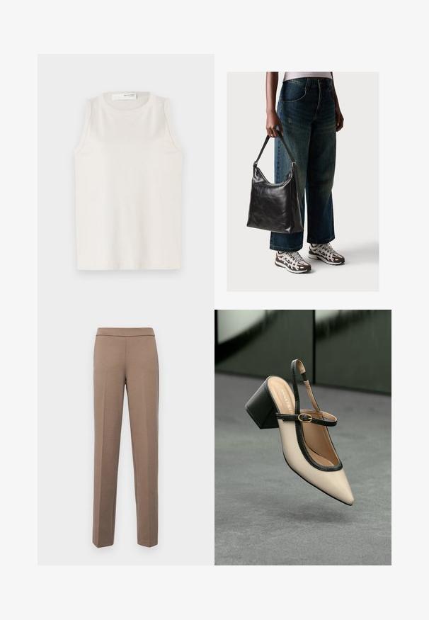 Weißes ärmelloses Oberteil aus weichem, glattem Stoff. Verfügt über einen runden Ausschnitt und ein schlichtes Design ohne Verzierungen oder Muster.; Braune, figurbetonte Hosen aus glattem, dehnbarem Stoff. Gerade Beine und ein flacher Bund ohne sichtbare Hardware oder Taschen.; Beige Slingback-Schuh mit spitzer Zehenpartie, schwarzer Umrandung, goldener Schnalle und dicker Blockabsatz auf grauem Boden vor dunklem grünen Hintergrund.; Schwarze Leder-Schultertasche mit glatter Textur und verstellbarem Riemen, kombiniert mit ausgewaschenen weit geschnittenen Jeans und sportlichen Sneakern.