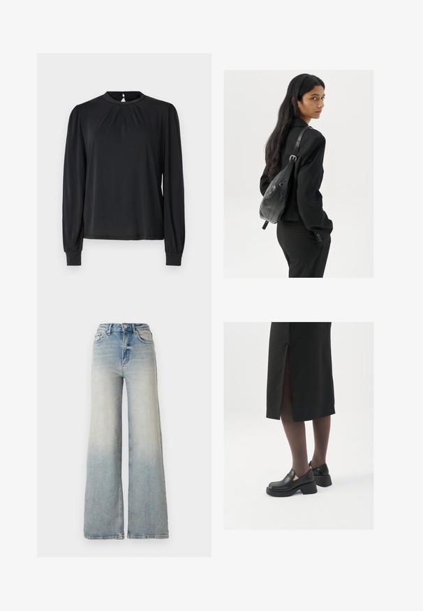 Črna bluzica z dolgimi rokavi in visokim ovratnikom, z nabranimi podrobnostmi na sprednjem delu in elastičnimi manšetami. Gladka tkanina z rahlim leskom.; Svijetloplave široke traperice s visokim strukom, koje imaju pet džepova i vidljivo šivanje uz šavove.; Črne usnjene čevlje s zaobljenim prstom, debelim blokastim petama in elastičnimi stranskimi detajli, v kombinaciji s temno nogavicami in črno krilo z razporkom.; Ženska z dolgimi temnimi lasmi, oblečena v črn kostim, nosi črno usnjeno torbo čez ramo in se ozira čez ramo proti beli podlagi.