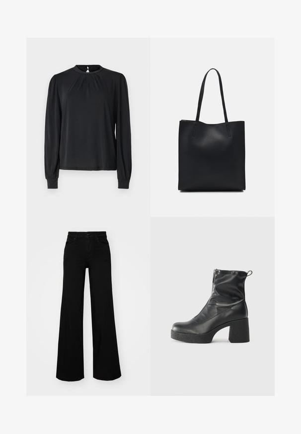Schwarze Bluse mit langen Ärmeln und hohem Kragen, gerafftem Vorderteil und elastischen Manschetten. Glattes Material mit dezentem Glanz.; Schwarze weit geschnittene Hose aus Denim, mit einem strukturierten Bund, Gürtelschlaufen und Fronttaschen. Glatte Textur mit klassischem Design.; Schwarze Stiefeletten aus glattem Leder mit seitlichem Reißverschluss, klobigem strukturiertem Absatz und runder Zehenform.; Schwarze Laptoptasche aus Leder mit glatter Textur, rechteckiger Form und zwei langen Griffen. Keine sichtbaren Beschläge oder Verzierungen.