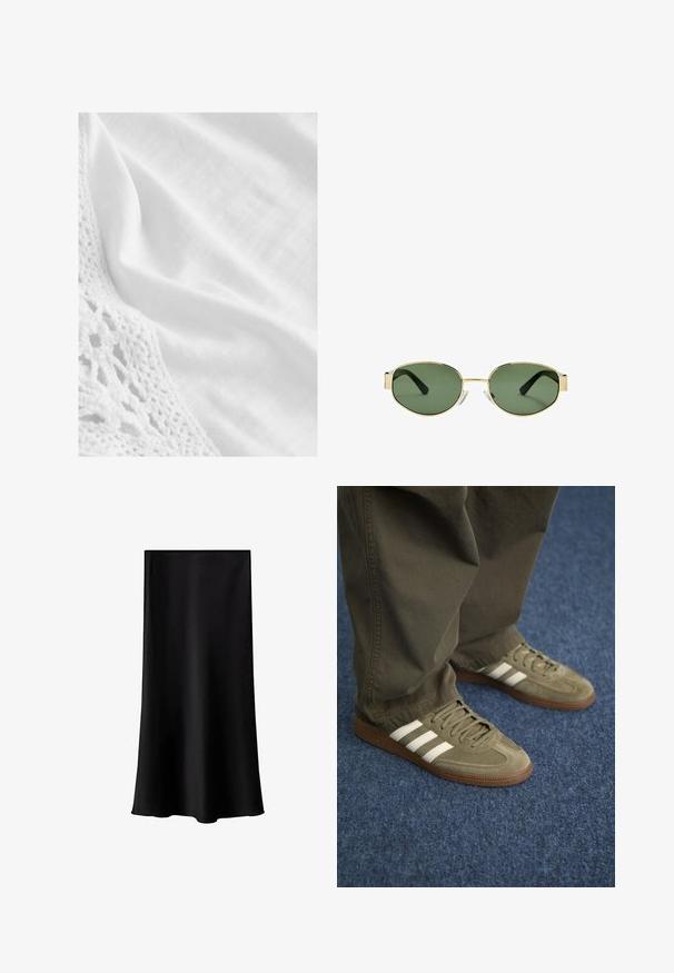 Tessuto bianco con un bordo in pizzo crochet testurizzato, texture liscia e una leggera lucentezza. L'aspetto generale è pulito e minimalista.; Gonna midi nera realizzata in tessuto liscio e leggero. Presenta una linea dritta, senza componenti visibili e un design semplice senza fantasie.; Sneaker in suede verde con tre strisce bianche, suola in gomma marrone e lacci texturizzati, abbinati a pantaloni verde oliva su un tappeto blu.; Occhiali da sole con montatura dorata e lenti verdi, forma ovale, stanghette nere e naselli trasparenti. Design pulito e minimalista.
