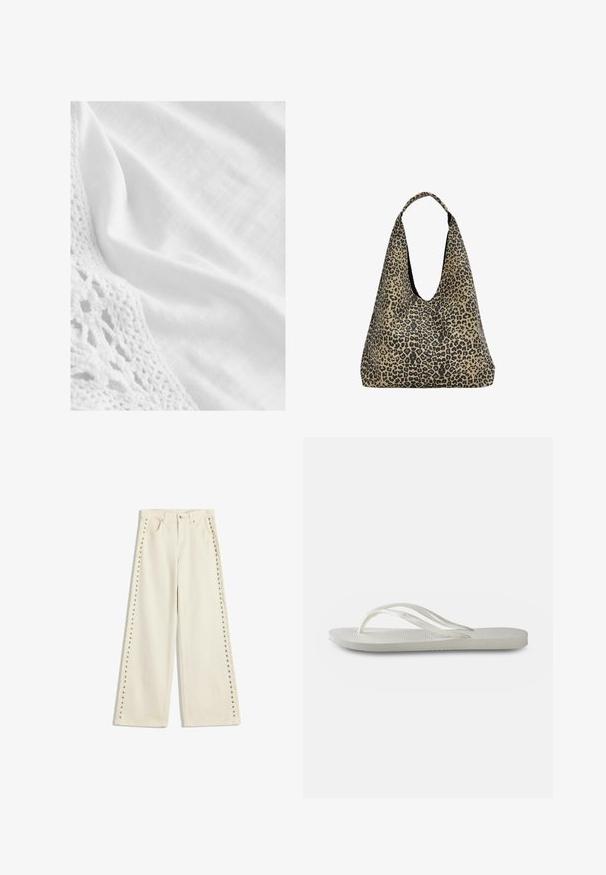 Witte stof met een gestructureerde haakrand, een gladde textuur en een lichte glans. De algehele uitstraling is schoon en minimalistisch.; Lichtcrème wijdvallende jeans met metalen studs langs de buitennaad, vijf zakken en een standaard knoopsluiting.; Witte flip-flops met een gestructureerde zool, featuring dunne bandjes en een vlak ontwerp. Gemaakt van rubber met een subtiel logo op de voetbed.; PULL&BEAR Shopper - mottled dark brown