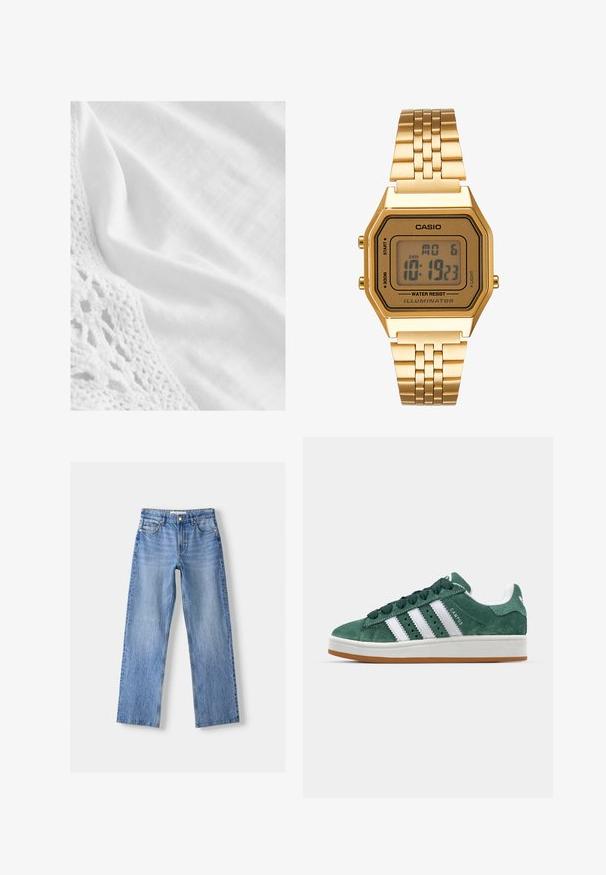 Bijela tkanina s teksturiranom čipkastom ivicom, glatke teksture i blagog sjaja. Opći izgled je čist i minimalistički.; Svijetloplavi traperice s ravnim nogavicama, s pet džepova, prednjim dugmadi za zatvaranje i suptilnim izblijedjenjem za teksturu.; Zelene nubuk tenisice s bijelim kožnim prugama, gumeni potplat, podstavljeni ovratnik i minimalistički dizajn. Ima oznaku branda sa strane.; Zlatni digitalni sat s pravokutnim brojčanikom, LCD zaslonom, nehrđajućim čeličnim remenom i gumbima sa strane. Ima oznaku otpornosti na vodu.