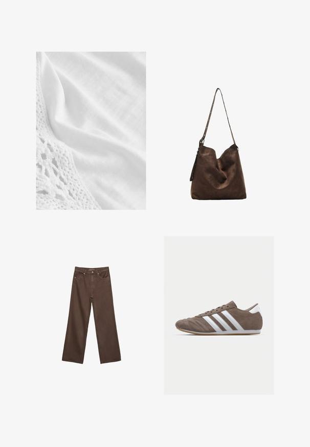 Bílá tkanina s texturovaným krajkovým okrajem, hladkým povrchem a mírným leskem. Celkový vzhled je čistý a minimalistic.; Hnědé džíny s širokými nohavicemi vyrobené z denimu, s vysokým pasem, předními kapsami a klasickým zapínáním na knoflík. Hladká textura s jemným švem.; Hnědá semišová sportovní bota s bílými pruhy, kulatou špičkou, šněrováním a gumovou podrážkou. Texturovaný svršek s švy.; Hnědá semišová hobo taška s zakřiveným vrškem, dlouhým popruhem s tečkovanými akcenty a měkkou texturou. Disponuje uvolněným designem pro každodenní nošení.