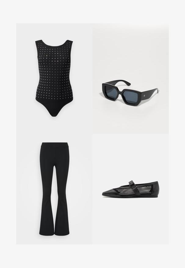 Black swimsuit with a scoop neckline, embellished with reflective square sequins in a grid pattern across the front. Smooth fabric texture.; Black flared pants made of stretchy fabric, featuring a high waistband and a smooth texture. The pants flare out from the knee.; Black flat shoe with a pointed toe, mesh side panels, and a strap with a buckle detail. Smooth finish on the toe and heel sections.; Black oversized sunglasses with a geometric design, rectangular lenses, and glossy finish. No visible branding on the front.
