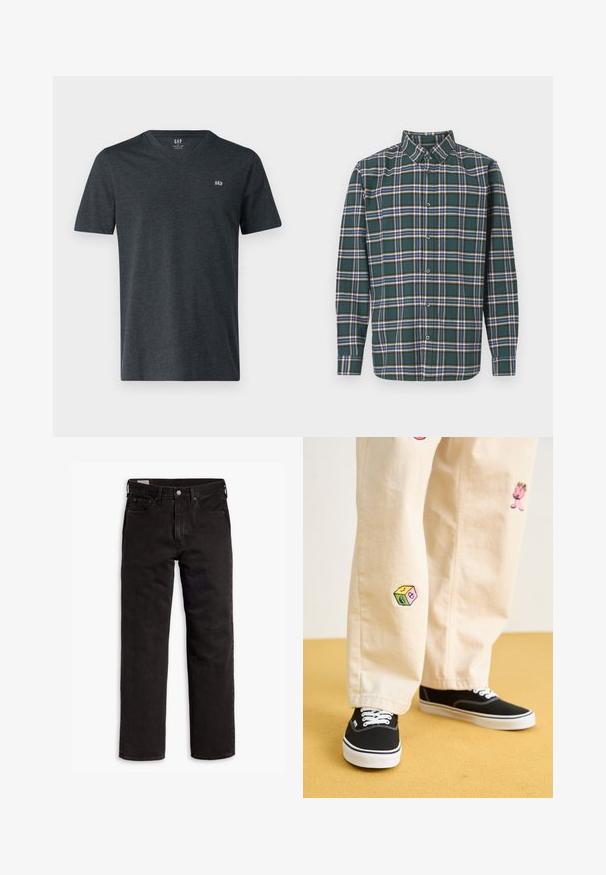 GAP EVERYDAY MICRO LOGO VEE - Tricou basic - charcoal; Cămașă flanelată verde cu un model tartan, având linii albastre, albe și galbene muștar. Închidere cu nasturi în față și guler ascuțit. Mâneci lungi.; Jeans din denim negri cu picior drept, cu cinci buzunare, închidere cu nasture și bucle pentru curea, așezați plat pe un fundal alb.; Pantaloni din bumbac bej cu modele brodate jucăușe, inclusiv un personaj roz și un bloc colorat, asortați cu teniși negri cu șireturi.