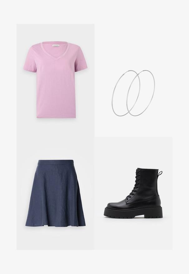 Lühikeste varrukatega lavendlivärvi V-kaelusega T-särk, mis on valmistatud pehmest kangast, millel on sile tekstuur ja lihtne kujundus ilma mustrite või kaunistusteta.; Tumedal sinise linane seelik, millel on laienev disain, kerge tekstuur, keskmise pikkusega lõige ja õmblustega kaunistatud servad.; Mustad mustad nahast pahkluu saapad ümarate varvastega, nööridega esiosas ja paksu kummist talla ning tekstuuritud mustriga. Tagumine tõmbeaas.; Hõbedased rõngastikkaehingad minimalistlikus disainis. Ümar kuju, sile tekstuur ja õhuke profiil. Kerged ning poleeritud viimistlusega.
