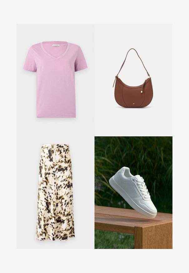 Kortærmet lavendel V-hals t-shirt lavet af blødt stof, med en glat tekstur og et simpelt design uden mønstre eller udsmykninger.; En knælang nederdel i et let stof med et abstrakt mønster i beige, brun og grøn. Har en tætsiddende talje og en bølgende design.; Hvid sneaker med en glat syntetisk overdel, perforeret tåboks, flade snørebånd og en tekstureret sål, præsenteret på en træoverflade.; Brun faux læder skuldertaske med buet form, minimal syning og en guldtonet hardwaredetalje. Har en top lynlåslukning og justerbar rem.