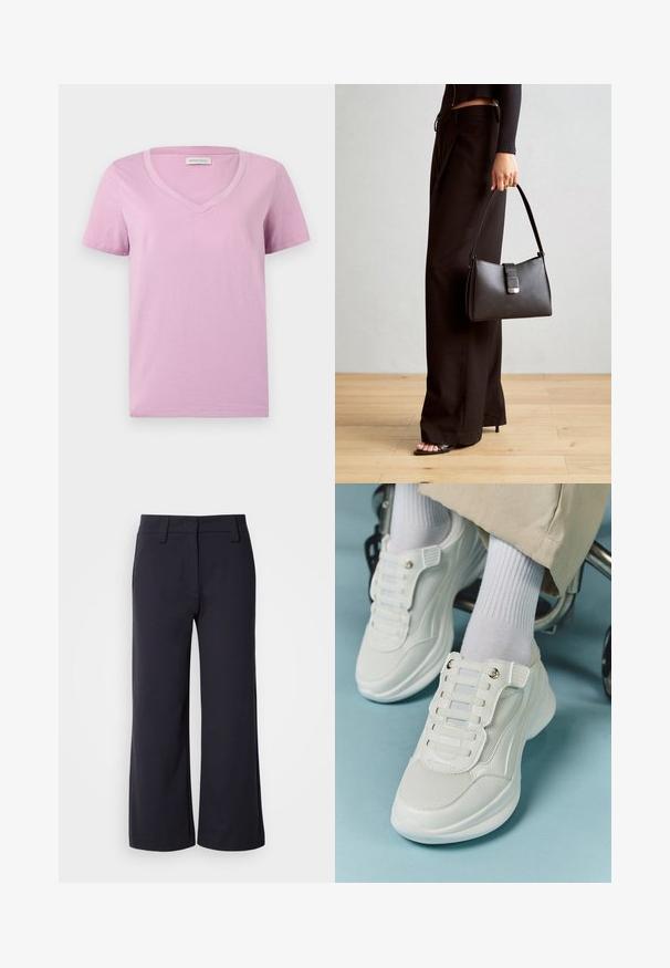 Lühikeste varrukatega lavendlivärvi V-kaelusega T-särk, mis on valmistatud pehmest kangast, millel on sile tekstuur ja lihtne kujundus ilma mustrite või kaunistusteta.; Laiad püksid tumedast mereväe kangast. Omavad lamedat esit, vöökohasid ja külgtaskuid. Materjal on sile ja veidi veniv.; Valged spordijalatsid, millel on võrkmaterjal, kummitald, sidumata disain elastsete riba ja kuldsete detailidega.; Must musta kott, millel on struktureeritud kuju, sile tekstuur ja metallist klamber. Kombineeritud laiate mustade pükstega ja avatud varvaste sandaalidega puidust põrandal.