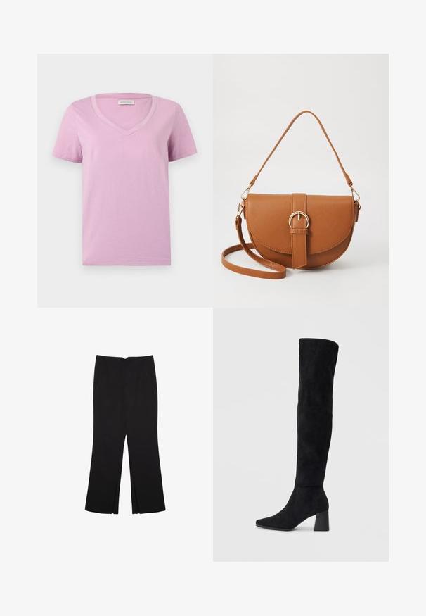 Koszulka z krótkim rękawem w odcieniu lawendowym, z dekoltem w serek, wykonana z miękkiego materiału, charakteryzująca się gładką fakturą oraz prostym, minimalistycznym designem bez wzorów i ozdób.; Czarne spodnie o prostym kroju, z przednimi kieszeniami i bocznymi rozcięciami na dole. Wykonane z miękkiego, gładkiego materiału. Odpowiednie na różne okazje.; Czarne zamszowe botki do kolan na kwadratowym obcasie, z wydłużonym noskiem i gładkim, bezszwowym wzorem na jednolitym jasnym tle.; Brązowa skórzana torba na ramię o zaokrąglonym kształcie, ze złotymi akcentami i zapięciem w formie klamry. Posiada odpinany pasek na ramię.