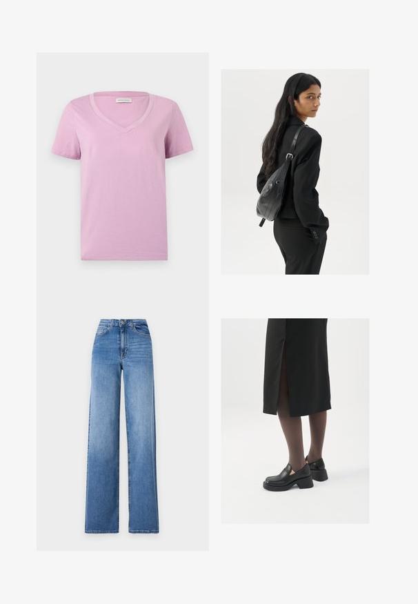 Tričká s krátkym rukávom vo farbe levandule s výstrihom do V vyrobené z mäkkej látky, s hladkým povrchom a jednoduchým dizajnom bez vzorov alebo ozdôb.; Svetlomodré široké džínsy vyrobené z denimu, s vysokým pásom, prednými vreckami a štandardným zapínaním na gombík. Hladká textúra.; Čierne kožené topánky s okrúhlou špičkou, silným blokovým opätkom a elastickými bočnými akcentmi, skombinované s tmavými pančuchami a čiernou sukňou so štiepením.; Žena s dlhými tmavými vlasmi, oblečená v čiernom obleku, nesúca čiernu koženú kabelku na ramene, pozerajúca cez rameno na bielom pozadí.; Strieborné kruhové náušnice s minimalistickým dizajnom. Cirkulárny tvar, hladký povrch a tenký profil. Ľahké s lesklým povrchom.