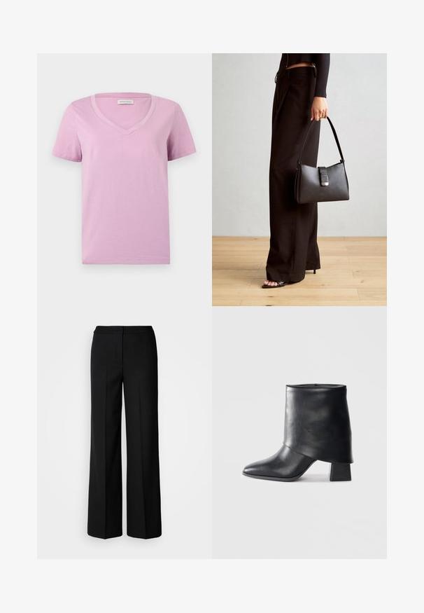 Kortærmet lavendel V-hals t-shirt lavet af blødt stof, med en glat tekstur og et simpelt design uden mønstre eller udsmykninger.; Sorte brede bukser i glat stof, med høj talje, skræddersyede sømme og et minimalistisk design. Ingen synlig hardware eller lommer.; Sort læder ankelstøvle med spids tå, glat tekstur og en struktureret blokhæl. Har et højt, foldet kravedesign.; Sort håndtaske med struktureret form, glat overflade og metalspænde. Sammen med brede sorte bukser og sandaler med åben tå på trægulv.