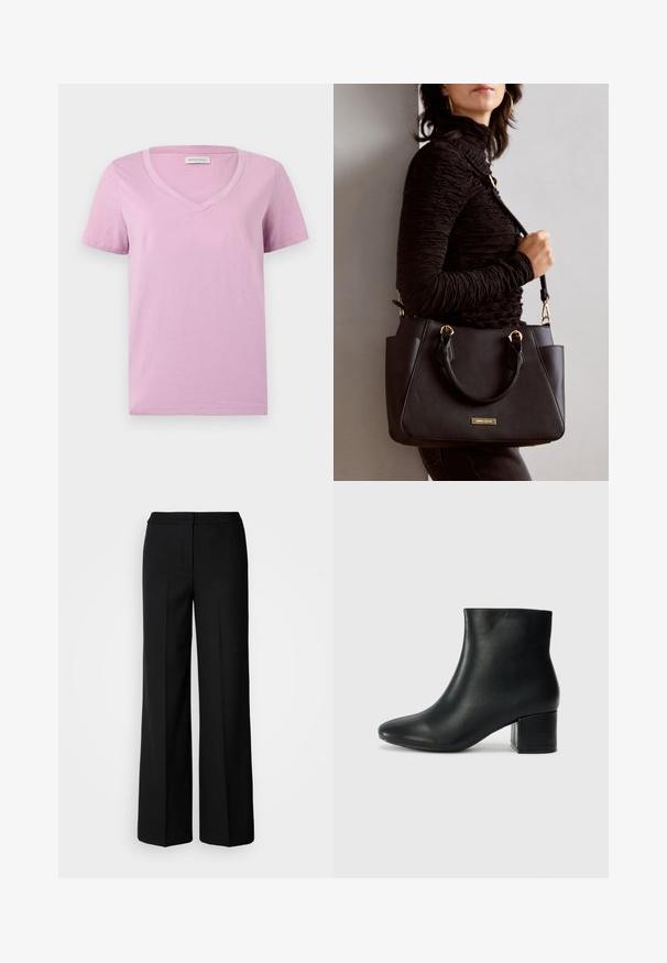 Kurzärmliges, lila V-Ausschnitt-T-Shirt aus weichem Stoff, mit glatter Textur und einfachem Design ohne Muster oder Verzierungen.; Schwarze weit geschnittene Hosen aus glattem Stoff mit hoher Taille, taillierten Nähten und minimalistischer Gestaltung. Keine sichtbaren Beschläge oder Taschen.; Schwarze Leder-Ankle-Boots mit spitzem Zehenbereich und klobigem Absatz. Glatte Textur mit minimalen Akzenten und einem eleganten, taillierten Design.; Schwarze Handtasche mit strukturierten Oberflächen, doppelten Obergriffen und verstellbarem Schultergurt. Mit goldfarbener Hardware und Seitentaschen.