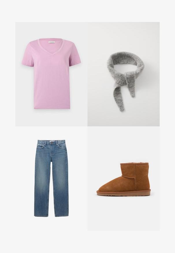 Tričká s krátkym rukávom vo farbe levandule s výstrihom do V vyrobené z mäkkej látky, s hladkým povrchom a jednoduchým dizajnom bez vzorov alebo ozdôb.; Svetlomodré džínsy s rovnými nohavicami, piatimi vreckami a kovovými detailami v medenej farbe. Materiál má jemné blednutie a hladkú textúru.; Hnedé semišové členkové topánky s okrúhlou špičkou a mäkkou podšívkou, vybavené plochou gumovou podrážkou a minimálnymi švovými detailami.; Samsøe Samsøe DIAMOND SCARF - Šál - grey melange