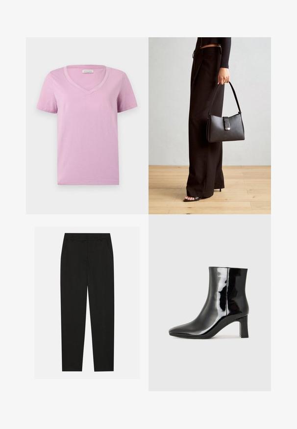 Kortærmet lavendel V-hals t-shirt lavet af blødt stof, med en glat tekstur og et simpelt design uden mønstre eller udsmykninger.; Sorte bukser med en skræddersyet design, der har sidelommer og lige ben. Lavet af glat, letvægtsstof med en elegant finish.; Sort lakeret ankelstøvle med spids tå og en midt-højde blokhæl. Glat tekstur og minimalistisk design.; Sort håndtaske med struktureret form, glat overflade og metalspænde. Sammen med brede sorte bukser og sandaler med åben tå på trægulv.