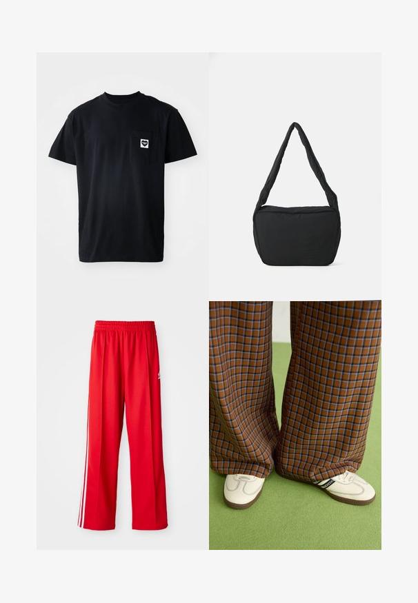 Černé bavlněné tričko s kulatým výstřihem, krátkými rukávy a kapsou na levé straně hrudi, která má bílé logo ve tvaru srdce.; Červené sportovní kalhoty vyrobené z lehkého materiálu, s elastickým pasem, dvěma bílými pruhy po stranách a malým logem na kyčli.; Hnědo-modré kostkované široké kalhoty doplněné bílými botami s černými akcenty a texturovanou podrážkou, umístěné na zeleném pozadí.; Černá ramenní taška s polstrovanou texturou, zaobleným tvarem a širokým popruhem, na jejíž přední straně je vyražené logo.
