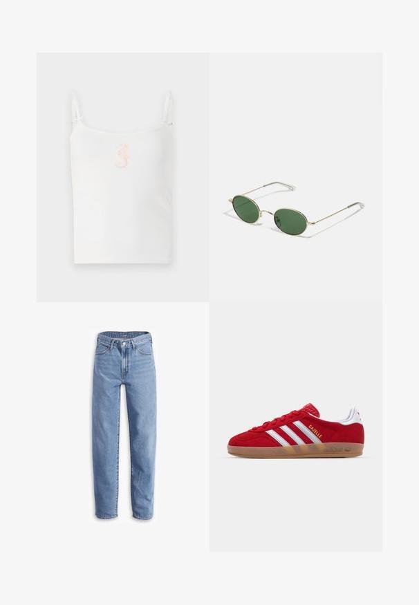 White ribbed tank top with thin shoulder straps, featuring a small pink seahorse design at the center. Smooth texture, casual fit.; Light blue jeans made of denim, with a relaxed fit, straight leg, five-pocket design, and frayed hems for a casual look.; Red suede sneaker with white three-stripe design and gold "Gazelle" text. Features a rubber gum sole and textured heel.; Gold-framed sunglasses with green oval lenses and thin metal arms. Features clear plastic tips on the arms for comfort.