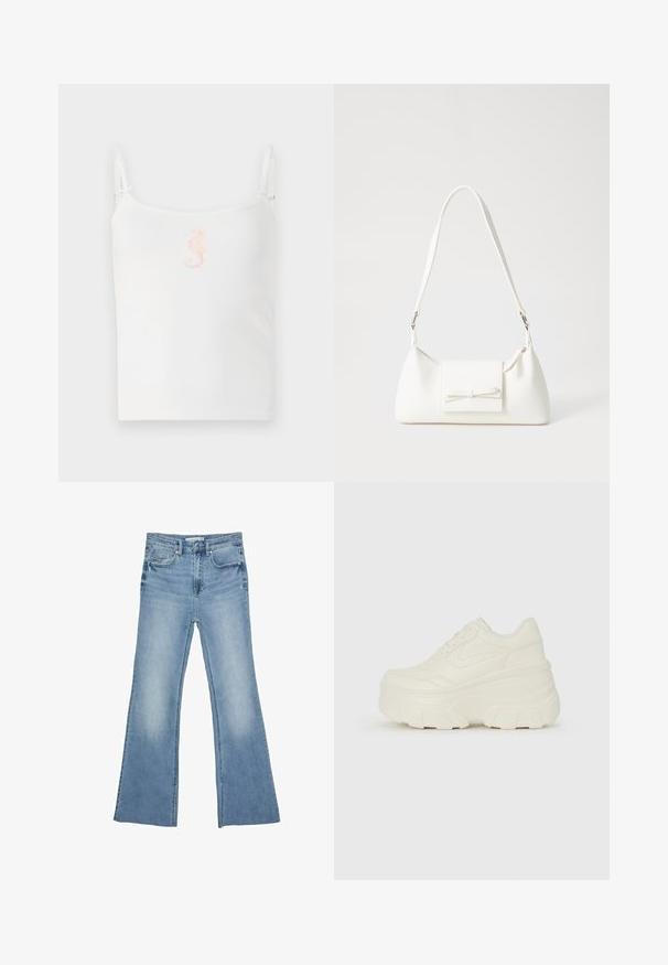 Biele rebrované tielko s tenkými ramienkami, s malým ružovým dizajnom morskej koníka v strede. Hladká textúra, pohodlný strih.; Svetlomodré rozšírené džínsy vyrobené z denimu, s klasickým dizajnom piatich vreciek a zipsom s gombíkovým zapínaním.; Biele platformové tenisky s hladkým koženkovým svrchným materiálom, zaobleným tvarom, polstrovaným golierom a textúrovanou gumovou podrážkou s výrazným vzorom.; Biela syntetická kabelka s trojuholníkovým tvarom, plochým predným klapkou a detailom mašle, nastaviteľným popruhom, hladkou textúrou a minimalistickým dizajnom.