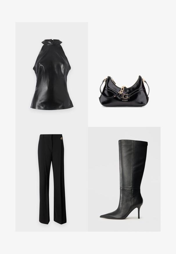 Zwarte mouwloze top van glanzend leer met een hoge kraag en een rits aan de achterkant. Heeft een gladde textuur en een aansluitende pasvorm.; Zwarte wijde broek met een gladde stof, tailormade ontwerp en gouden hardware accenten op de tailleband.; Zwarte leren kniehoge laars met spitse neus en slanke stilettohak, gladde textuur, zijprofiel op neutrale achtergrond.; Zwarte lakleren tas met een gebogen ontwerp, gouden hardware accenten en een prominent logo. Inclusief een afneembare schouderriem.