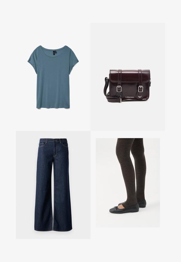 T-shirt med scoop-neck og korte ærmer i en dæmpet blå farve. Lavet af blødt, let materiale med en glat tekstur og løs pasform.; Bredde ben jeans i mørkeblå denim. Har kontrastsyninger, fem lommer og en knaplukning i taljen. Glat tekstur.; Sorte flade sko med en lille sløjfedetalje ved tåen, parret med mørkebrune ribbede strømpebukser. Skoene har en glat overflade og lav profil.; Burgunderfarvet patentlæder crossover taske med rektangulær form, to remme, sølv hardware og flaplukning.