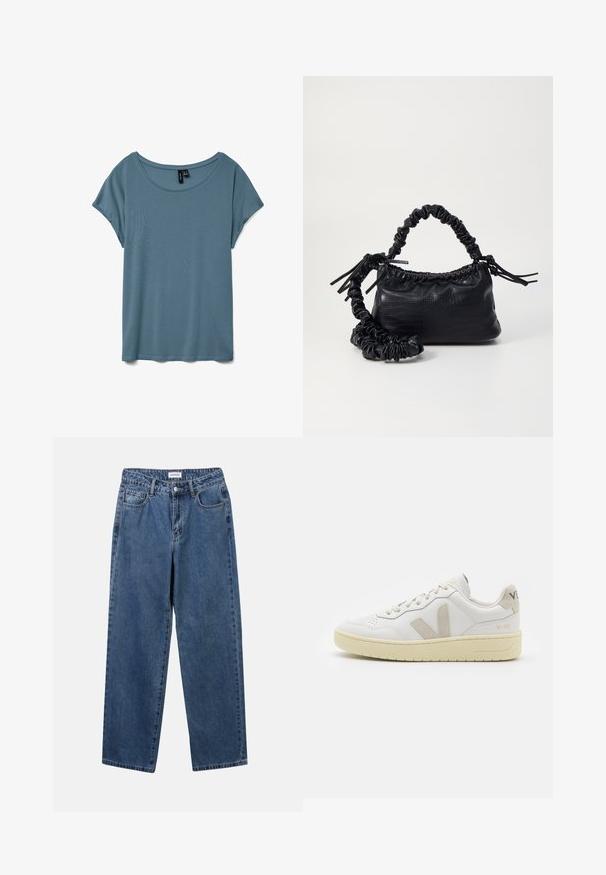 Scoop neck, short-sleeve t-shirt in a muted blue color. Made from soft, lightweight fabric with a smooth texture and relaxed fit.; Classic blue denim jeans with a straight-leg design, five pockets, and a button closure. Features a medium wash and sturdy texture.; White leather sneaker with beige suede accents, perforated toe box, flat laces, and a textured cream sole. Features subtle branding on heel.; Black faux leather handbag with a crocodile texture, cinched top, and a scrunched strap. Appears soft and compact in design.