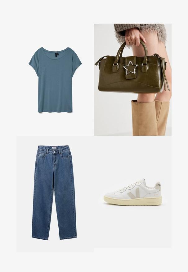 T-shirt con scollo a barca e maniche corte in un blu tenue. Realizzato in un tessuto morbido e leggero con una consistenza liscia e una vestibilità comoda.; Jeans in denim blu classico con design a gamba dritta, cinque tasche e chiusura con bottone. Presentano un lavaggio medio e una trama robusta.; Sneaker in pelle bianca con dettagli in suede beige, punta perforata, lacci piatti e suola testurizzata color crema. Presenta un logo discreto sul tallone.; Borsa a mano in similpelle verde oliva con accentatura a stella argentata, manici doppi e chiusura con zip. Superficie testurizzata e forma strutturata.